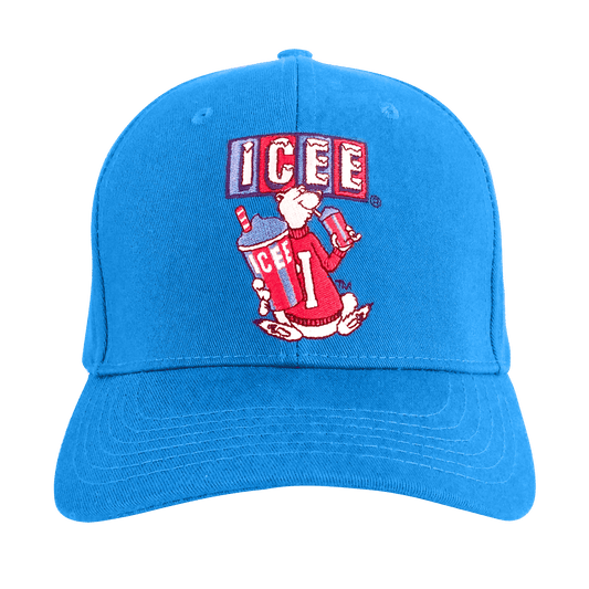 Cerulean blue baseball cap with ICEE polar bear embroidered logo