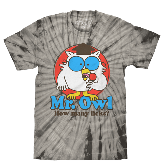 Black tie-dye T-shirt with Mr. Owl graphic and 'How many licks?' text
