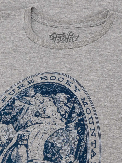 Gray T-shirt chest close-up with blue circular Rocky Mountain Water design