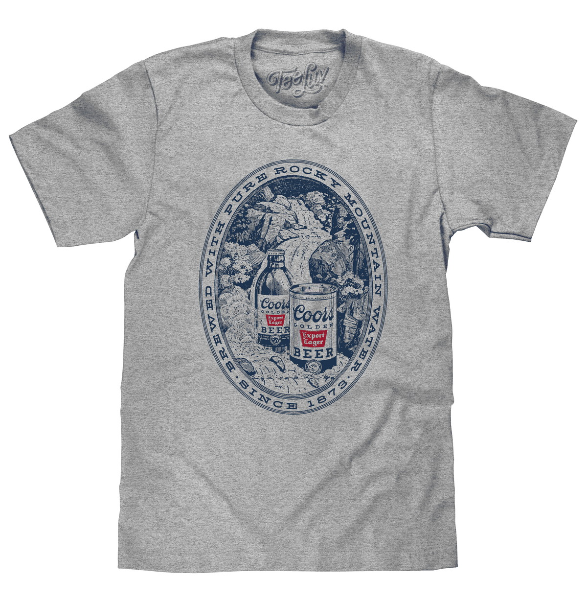 Gray short-sleeve T-shirt with blue circular Coors print on chest