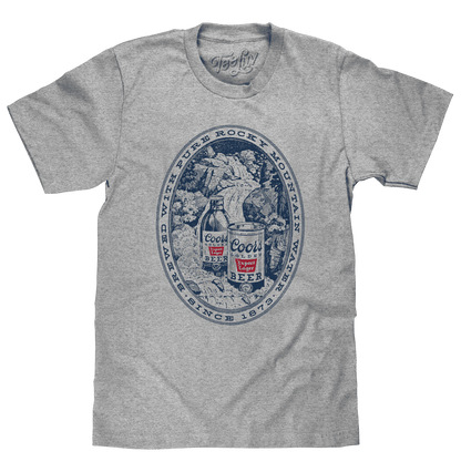 Gray short-sleeve T-shirt with blue circular Coors print on chest