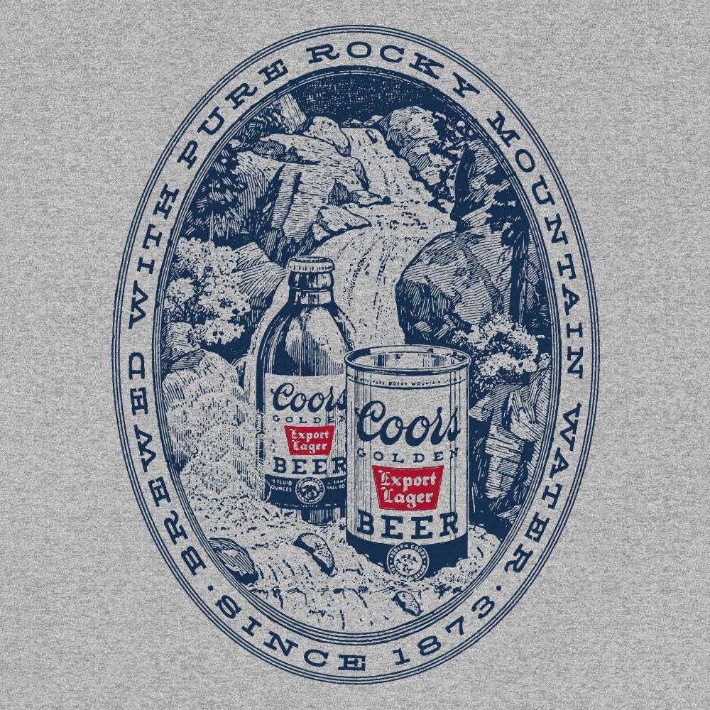 Gray T-shirt front with large blue oval Coors Beer can graphic and seal