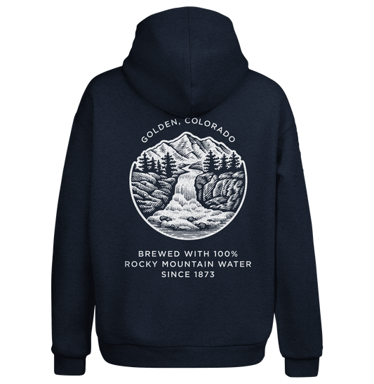 Navy blue pullover hoodie back with circular mountain graphic and slogan text