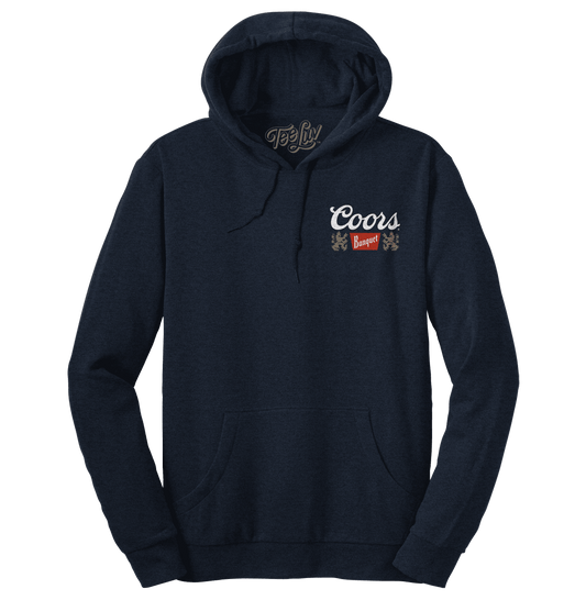 Navy blue pullover hoodie with front hood and Coors Banquet chest graphic