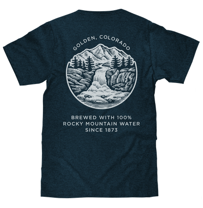 Coors Banquet graphic T-shirt, dark heather blue, back mountain text print