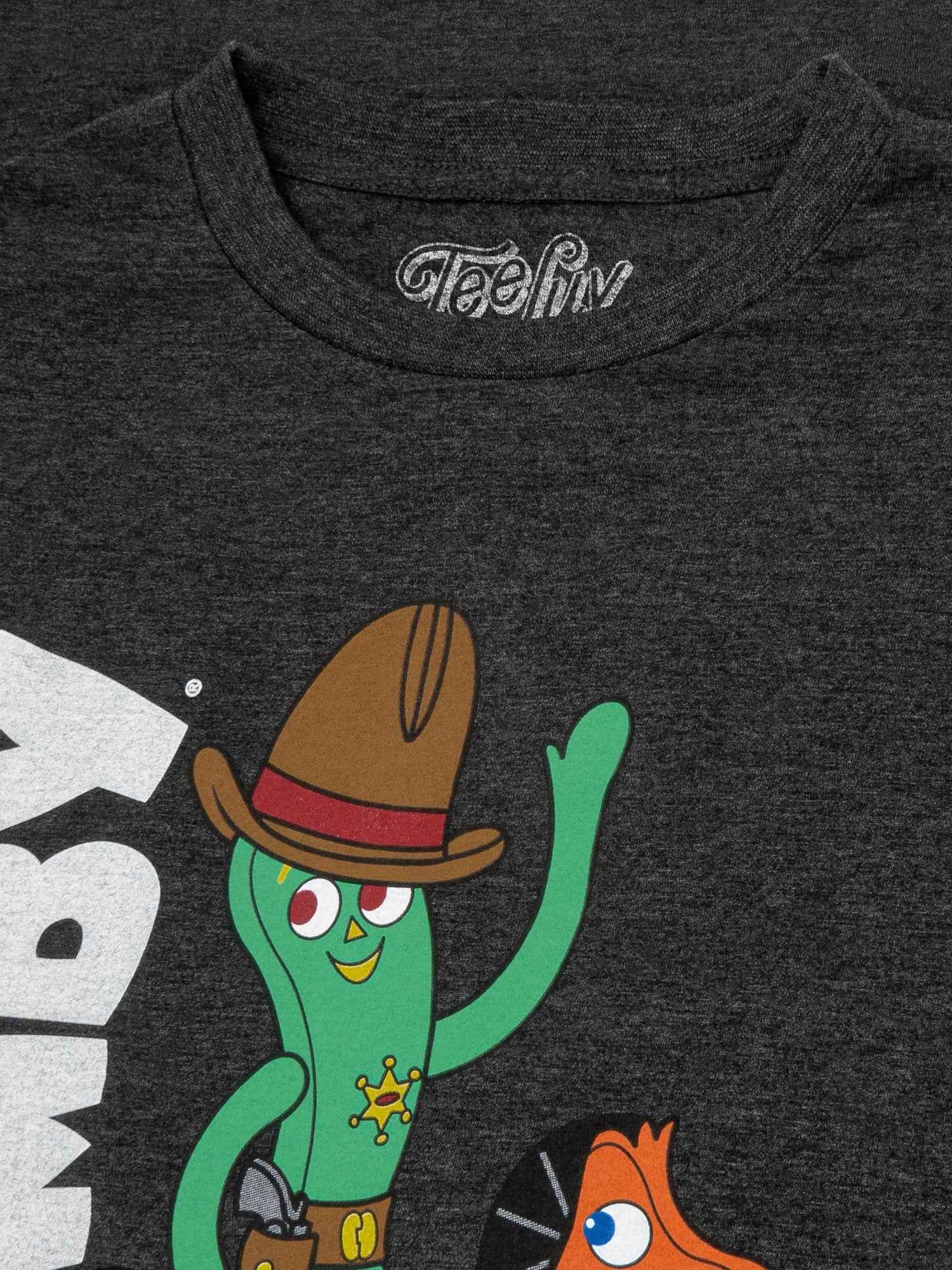 Gumby & Pokey Cowboy T-Shirt | Classic Claymation Graphic | Charcoal Gray Heather | Poly-Cotton