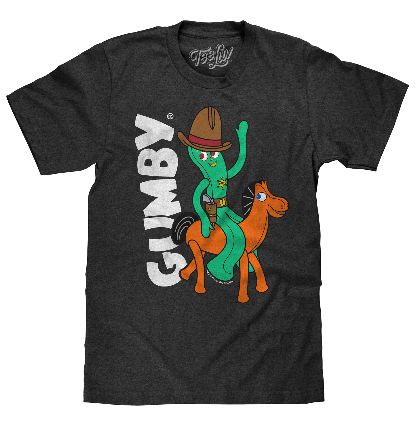 Gumby & Pokey Cowboy T-Shirt | Classic Claymation Graphic | Charcoal Gray Heather | Poly-Cotton