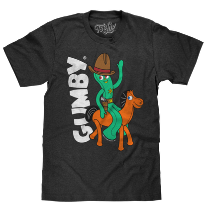 Gumby & Pokey Cowboy T-Shirt | Classic Claymation Graphic | Charcoal Gray Heather | Poly-Cotton