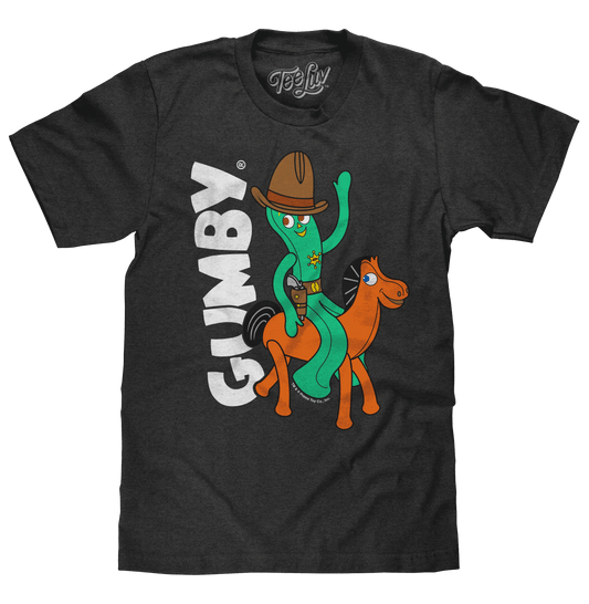 Charcoal heather T-shirt with green cowboy graphic and large white text