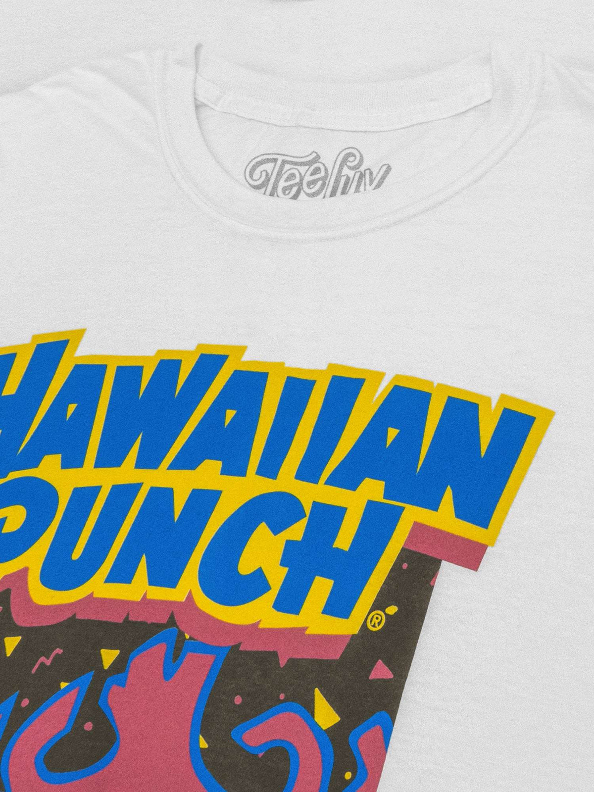 Close-up of Hawaiian Punch front graphic on white T-shirt