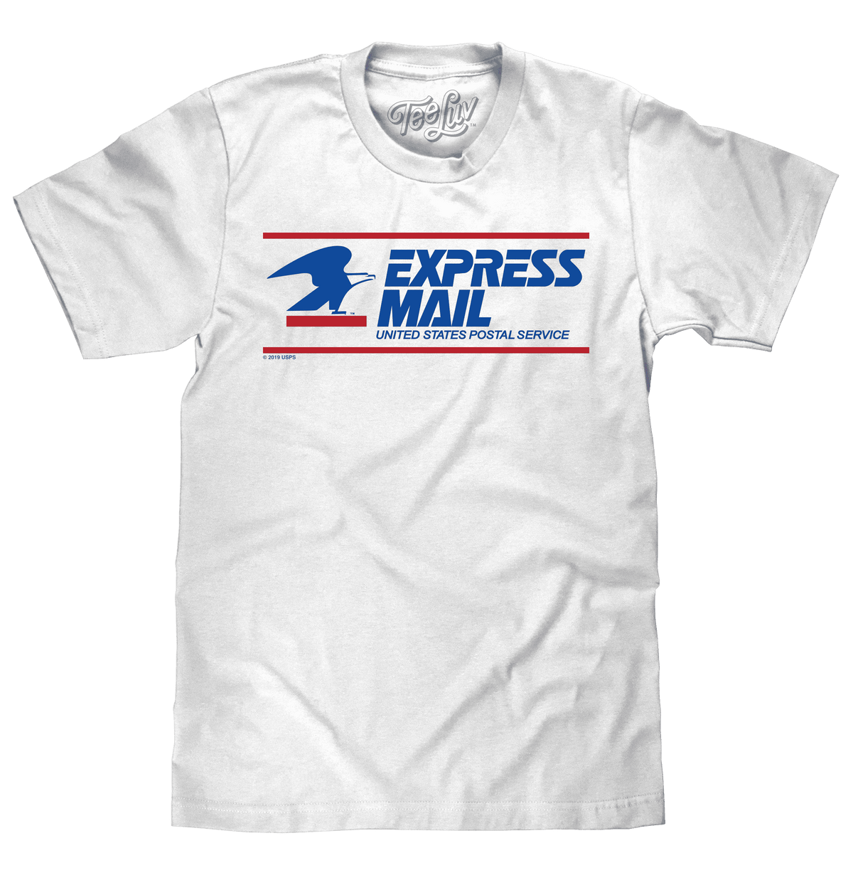 White crew-neck T-shirt with Express Mail logo graphic