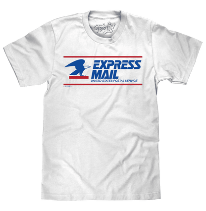 White crew-neck T-shirt with Express Mail logo graphic