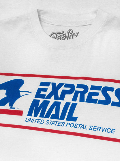 White T-shirt chest graphic: Express Mail with red and blue stripes