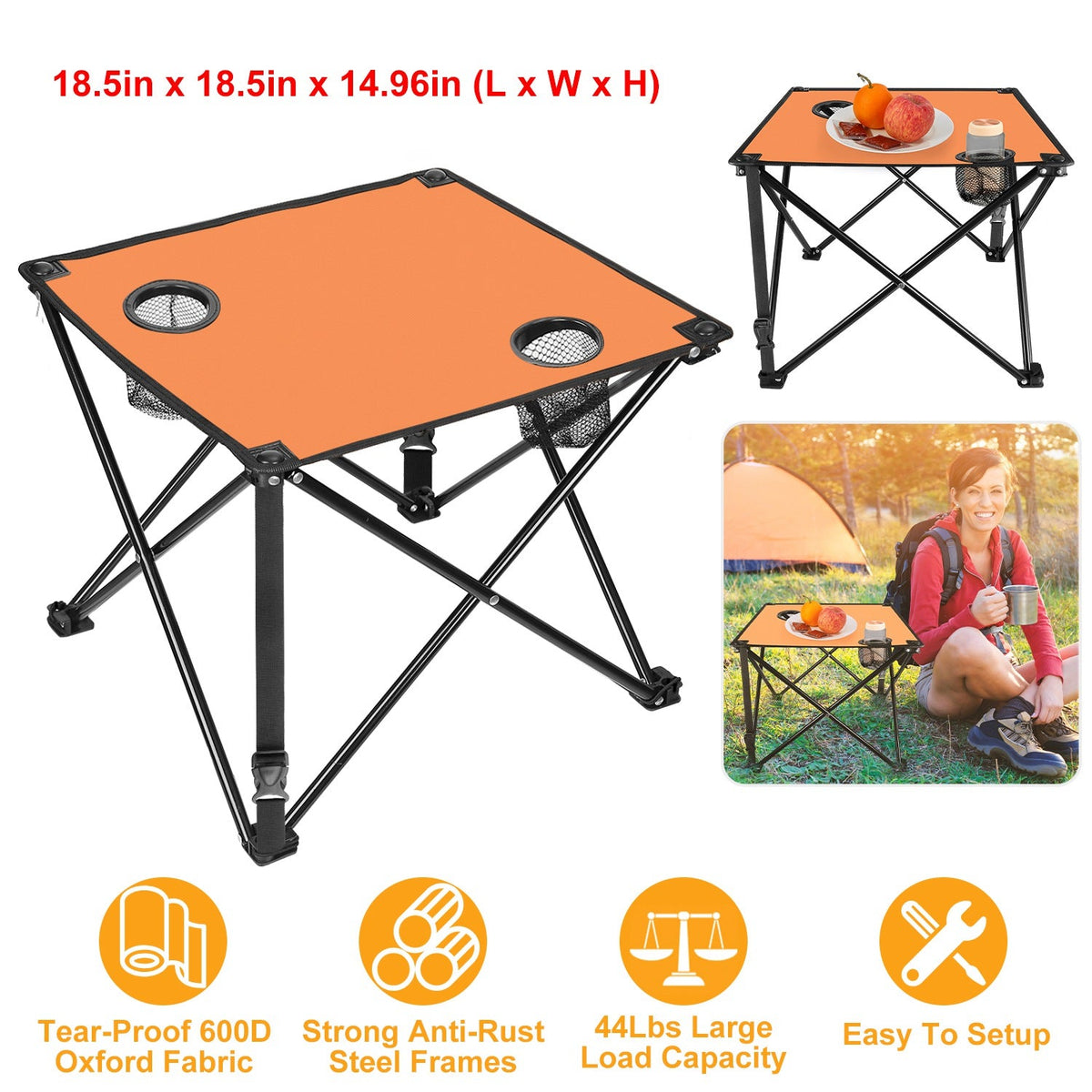 LakeForest Folding Camping Table with 2 Cup Holders – 600D Oxford, 44 lb Capacity | 18.5"x18.5" | 2.2 lbs | 1-Pc & 2-Pc Sets