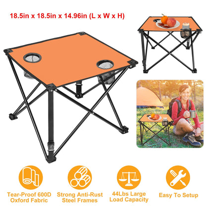 LakeForest Folding Camping Table with 2 Cup Holders – 600D Oxford, 44 lb Capacity | 18.5"x18.5" | 2.2 lbs | 1-Pc & 2-Pc Sets