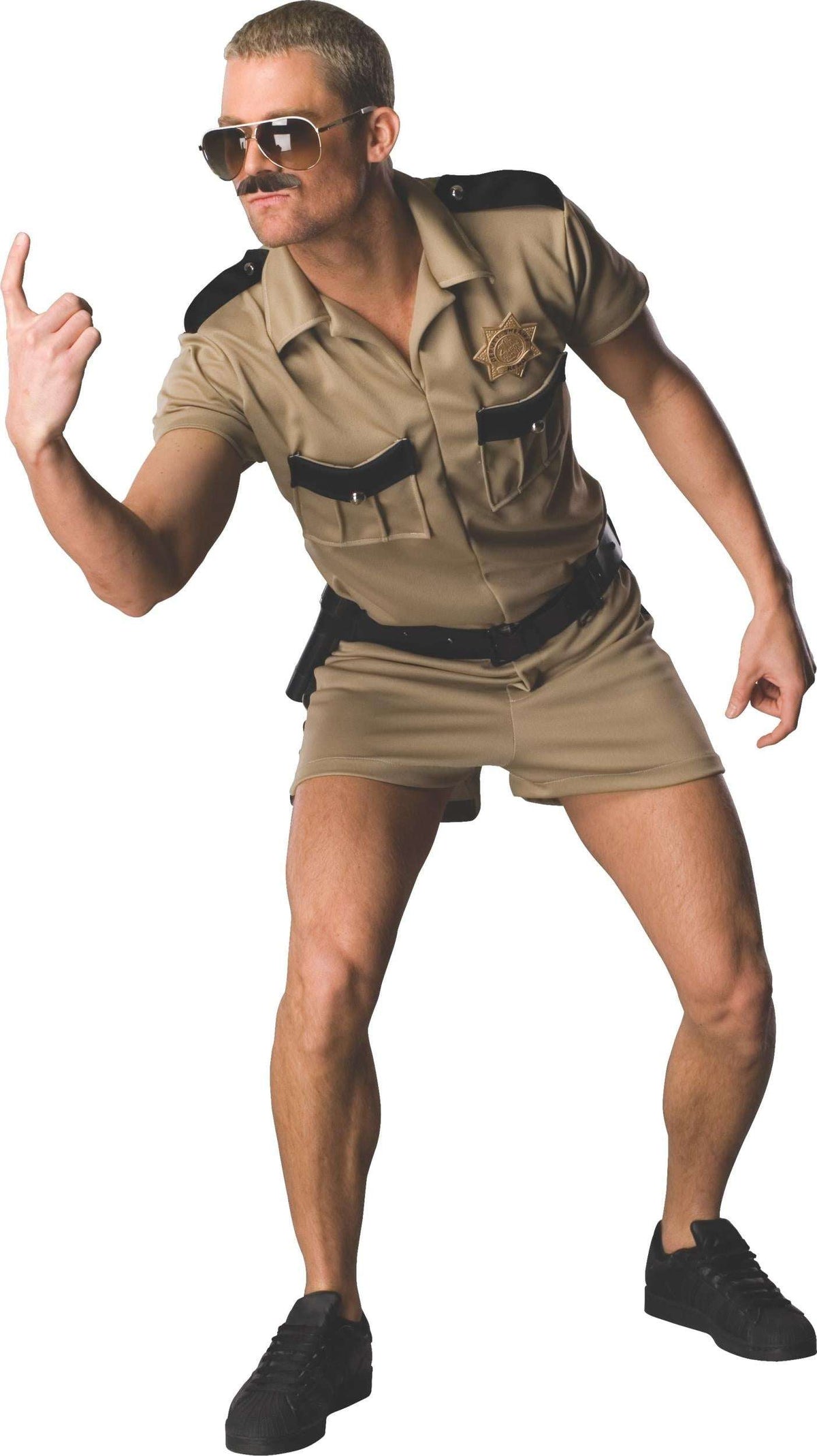 Tan police costume shirt and shorts with black utility belt