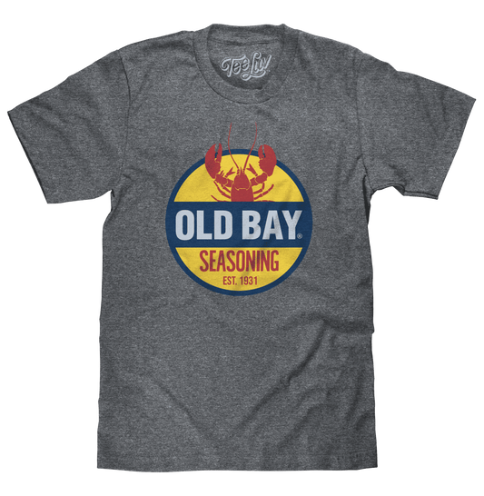 Graphite heather Old Bay t-shirt with front circular lobster logo