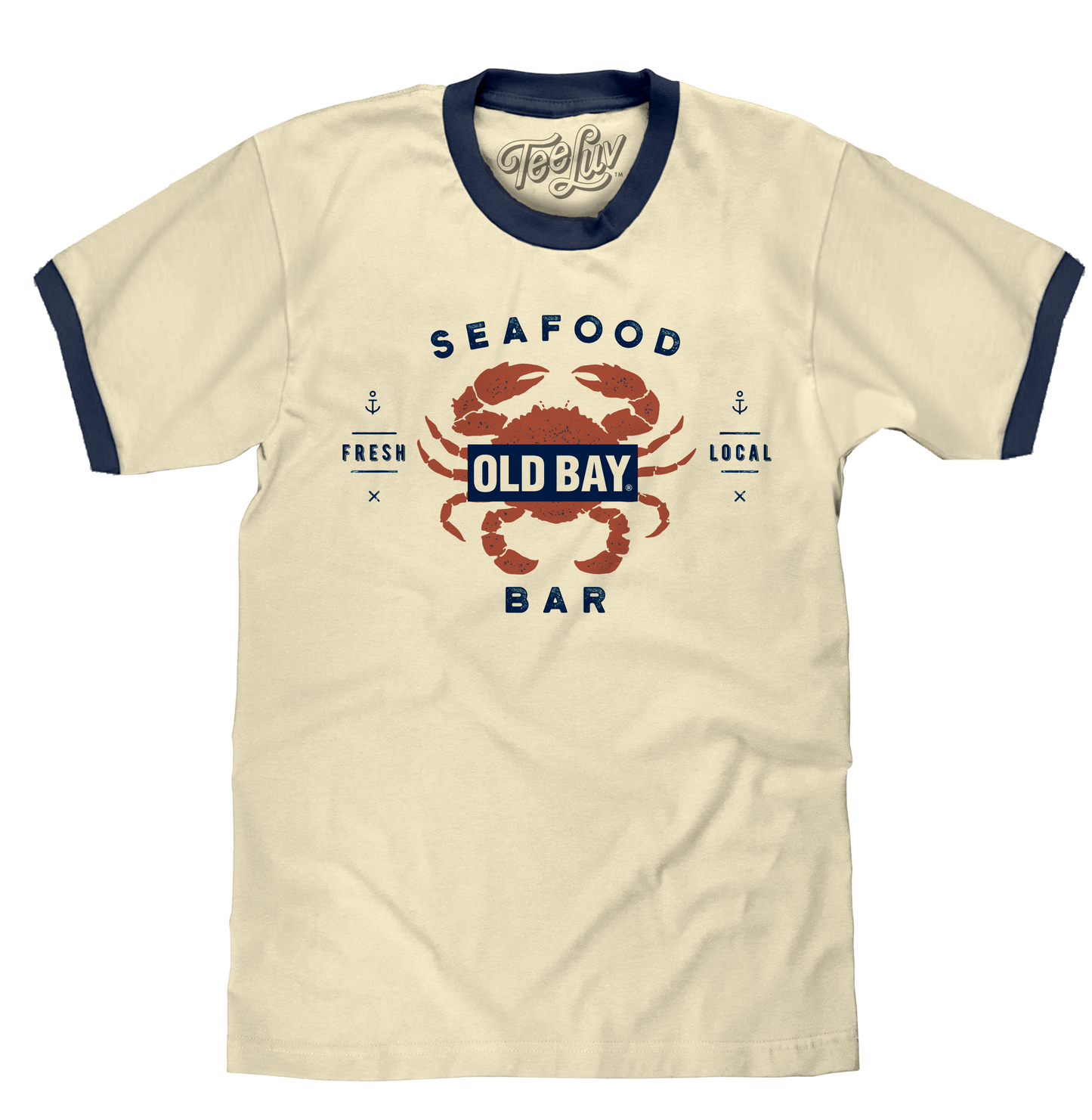 Old Bay Seasoning "Seafood Bar" Ringer T-Shirt | Distressed Logo | 100% Cotton | Natural Beige & Navy