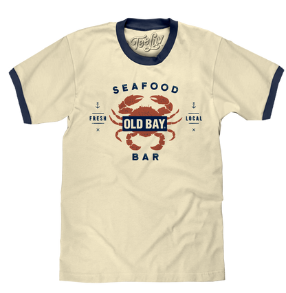 Old Bay Seasoning "Seafood Bar" Ringer T-Shirt | Distressed Logo | 100% Cotton | Natural Beige & Navy