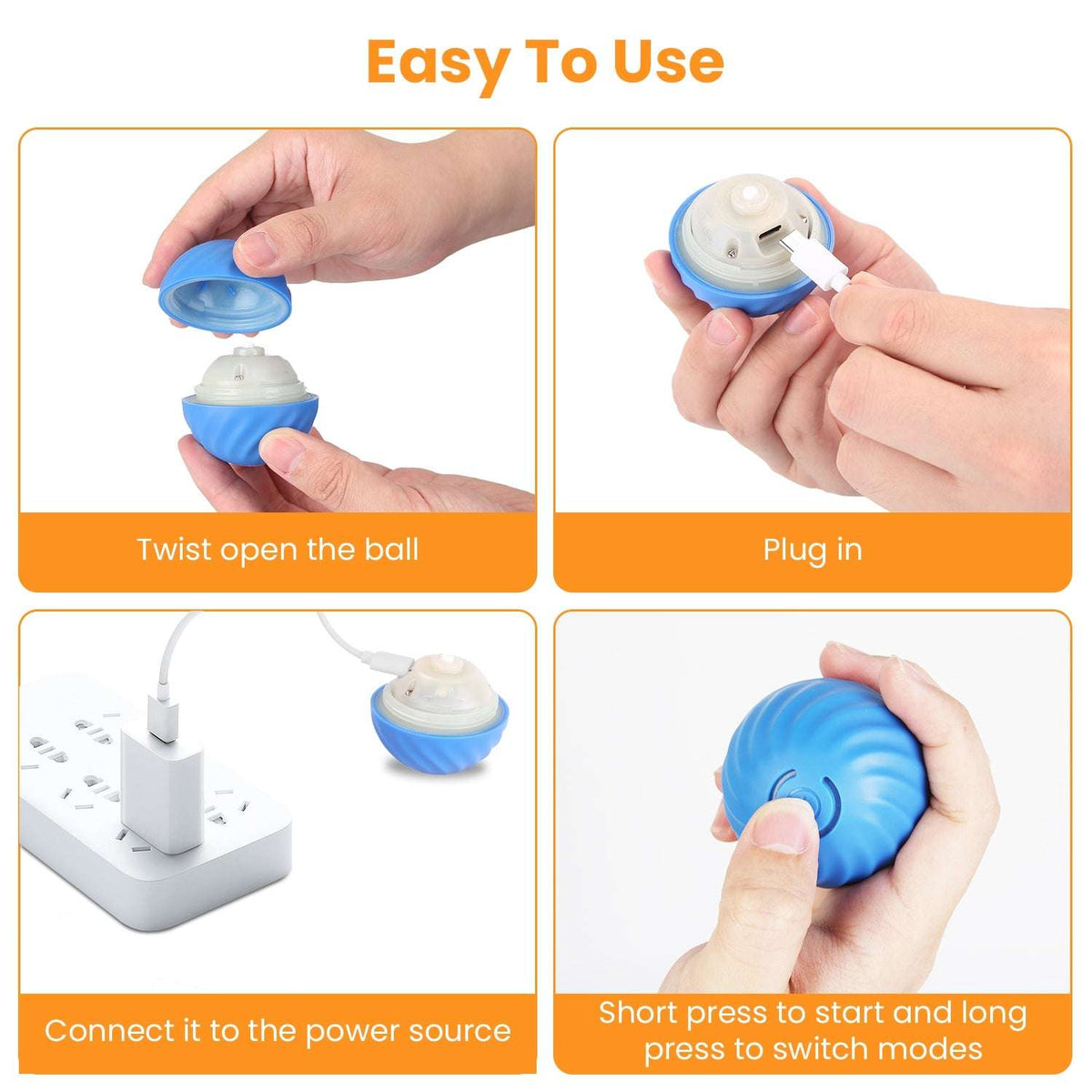 Rechargeable rolling cat ball toy with hands twisting ball cover and plugging in