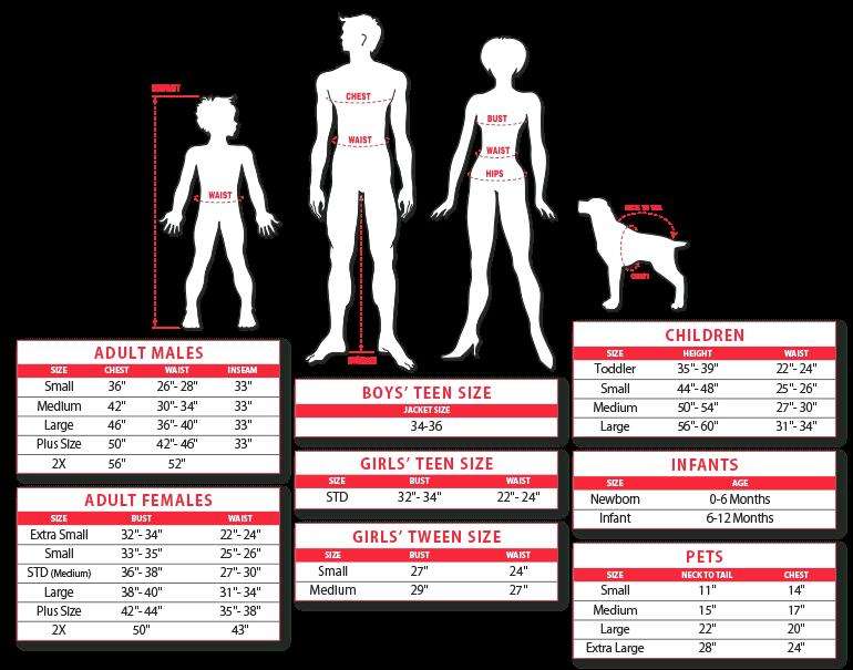 Pirate costume size chart for adult males, boys, girls, infants, and pets
