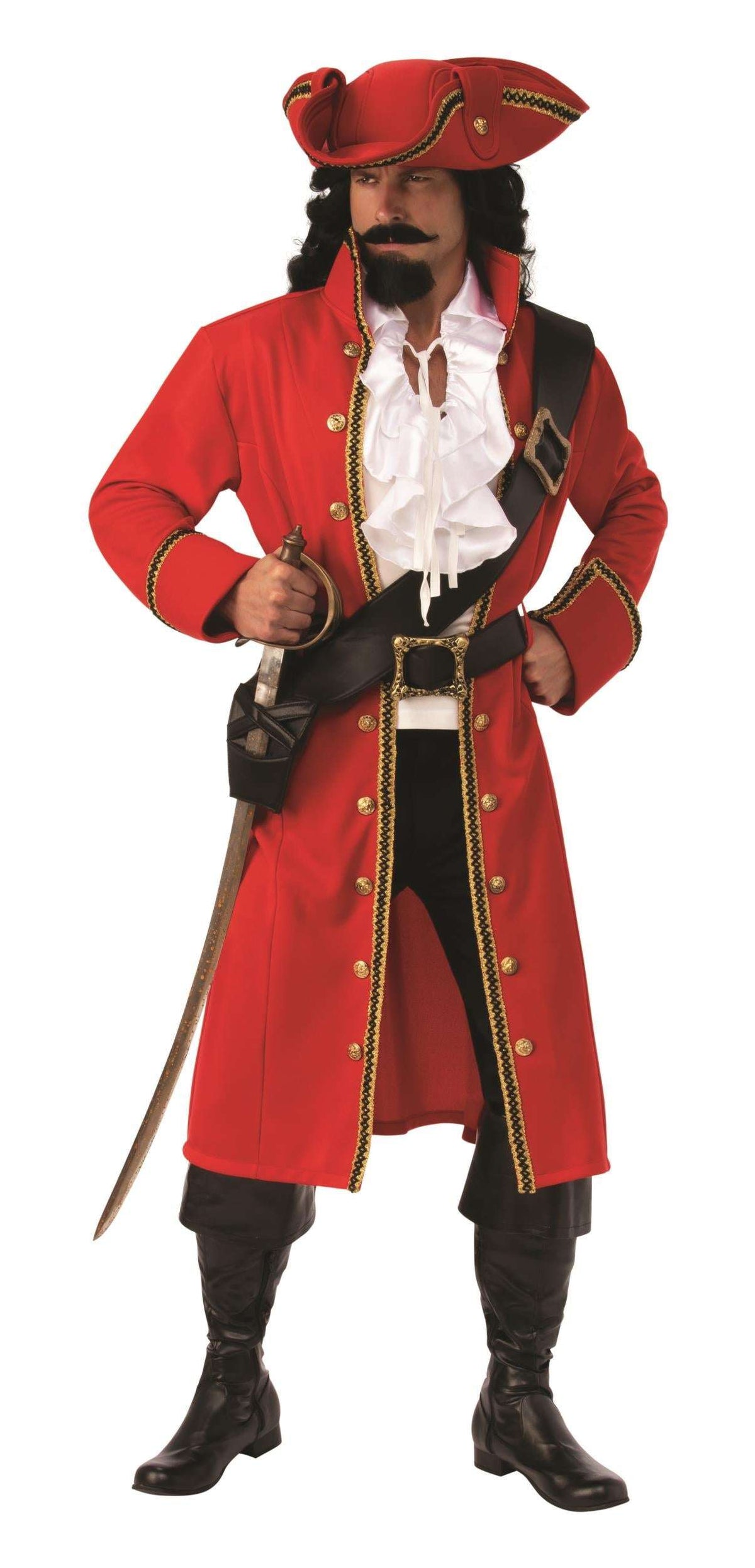 Red pirate captain coat with gold trim, black belt, tricorn hat, and tall boots