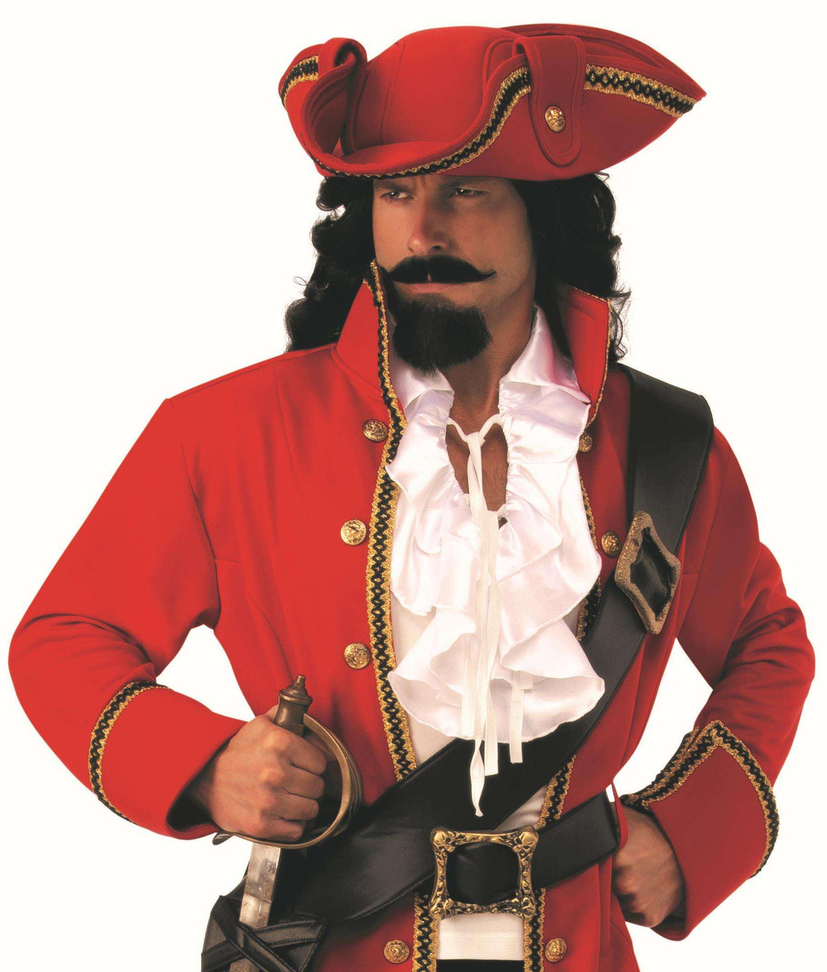 Red pirate captain costume with tricorn hat, ruffled white shirt, black belt, and coat