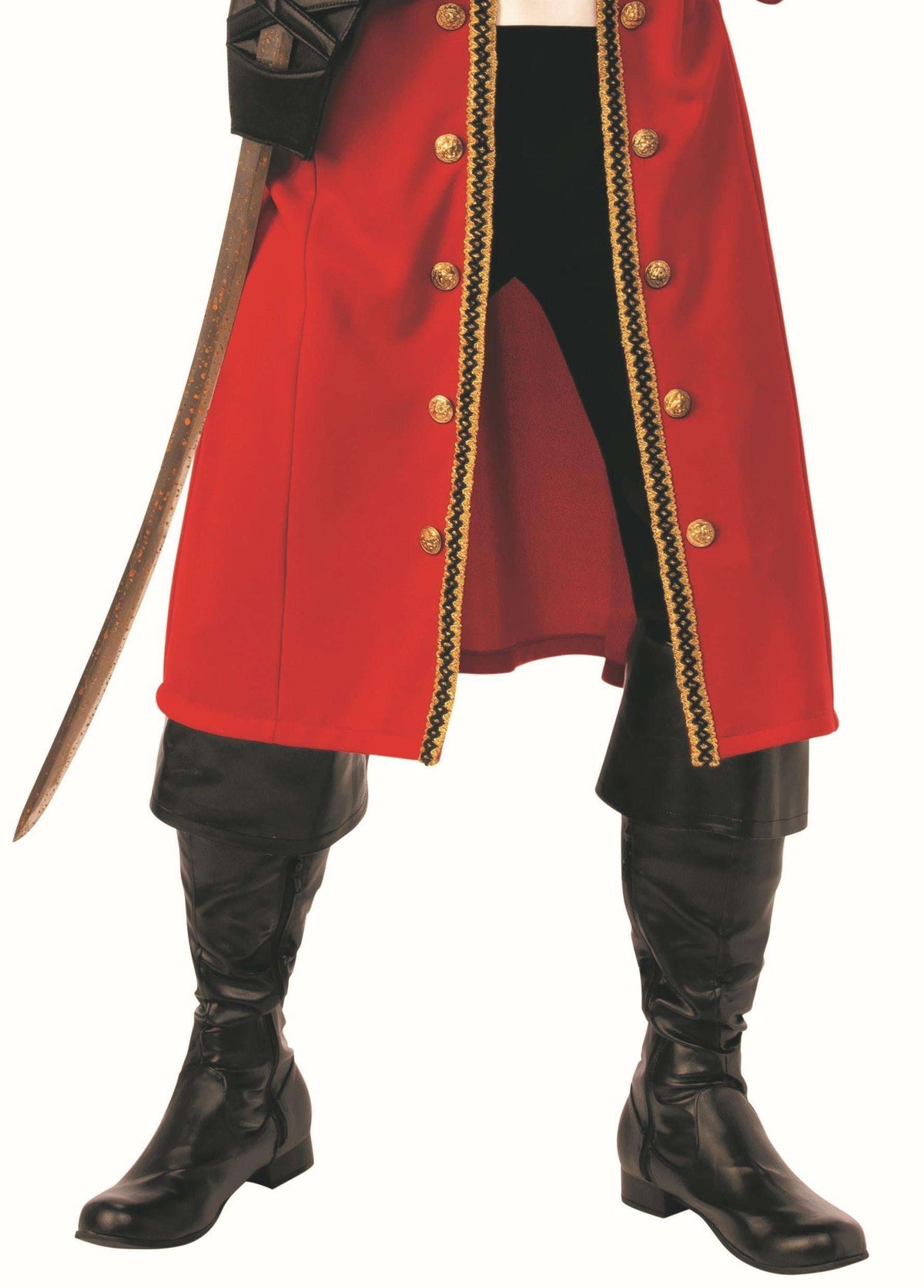 Red long pirate coat with gold trim, black belt, dark pants, and tall black boots