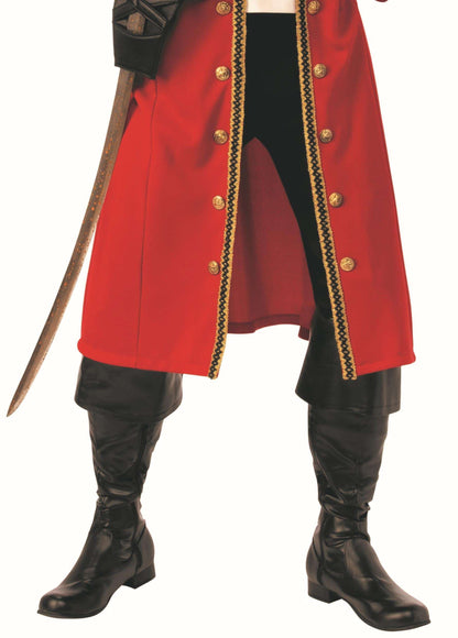 Red long pirate coat with gold trim, black belt, dark pants, and tall black boots