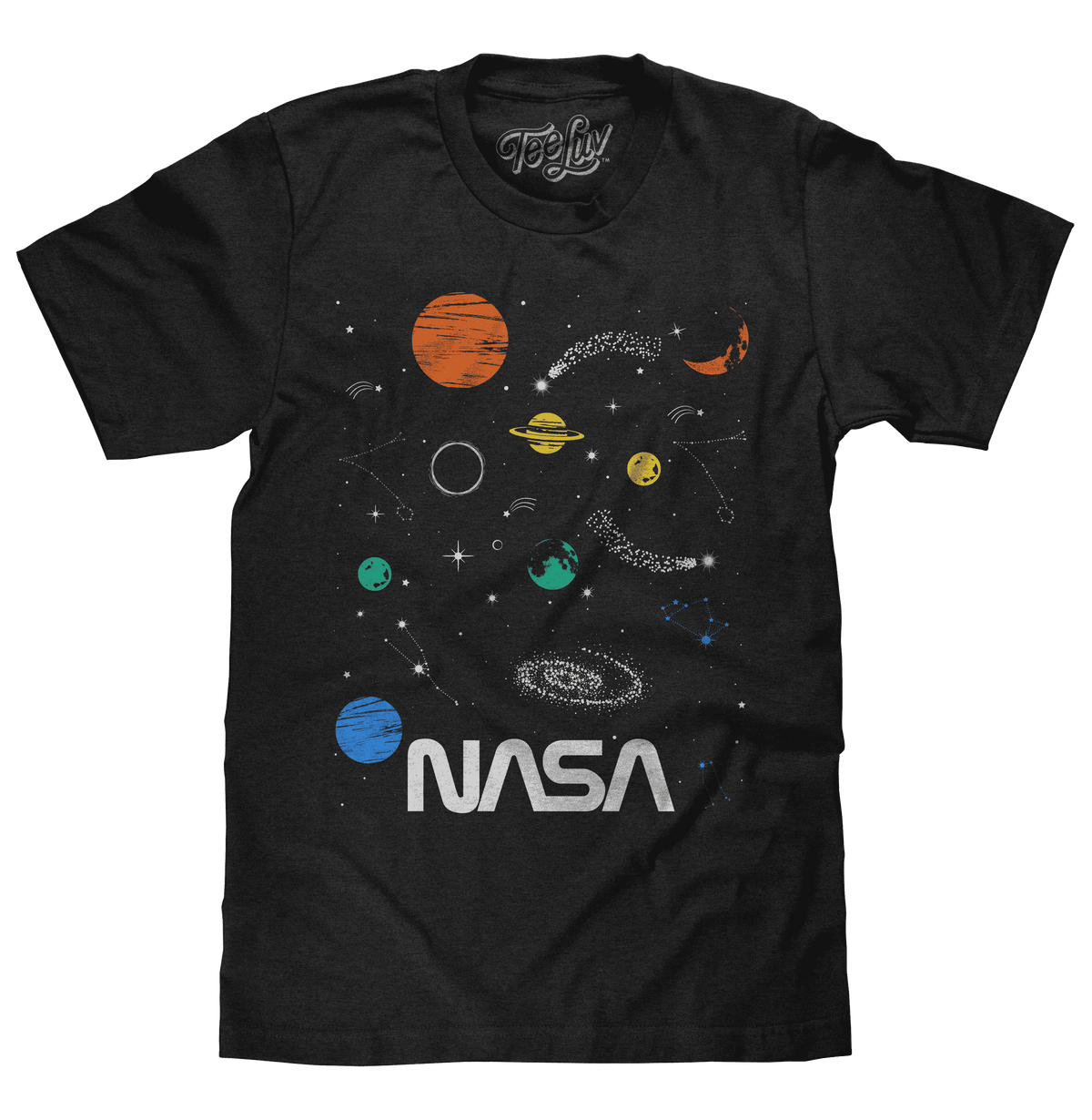 Black NASA planets and stars graphic t-shirt with colorful space artwork on chest