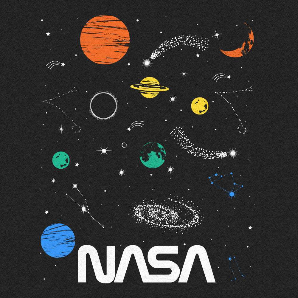 Black NASA space graphic t-shirt front with planets, rings, and starry orbit details