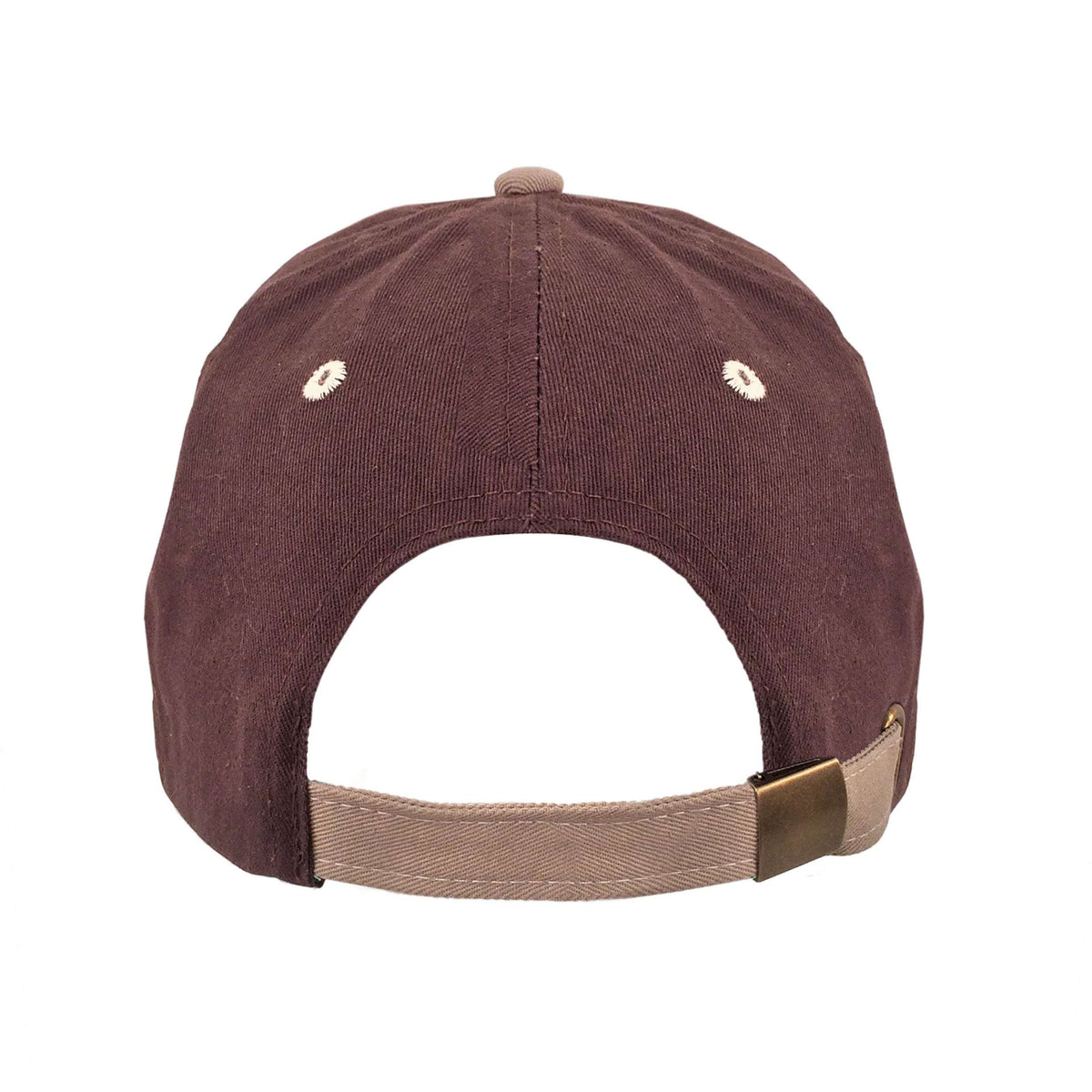 Dark brown baseball cap with back strap and stitched eyelets