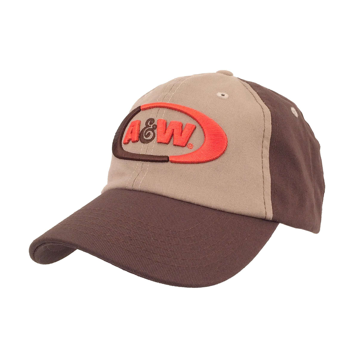 Tan and dark brown baseball cap with A&W logo patch and curved brim