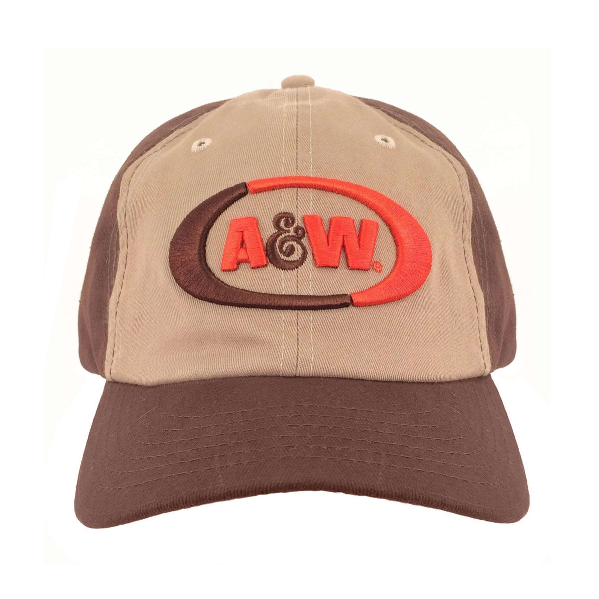 Two-tone baseball cap with embroidered A&W oval logo on tan front