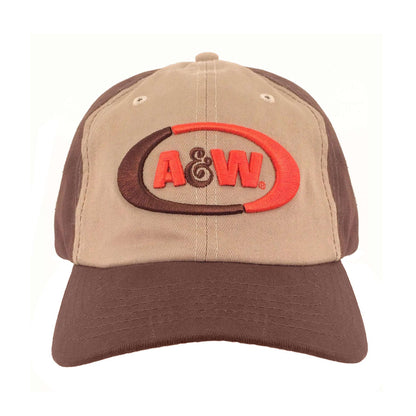 Two-tone baseball cap with embroidered A&W oval logo on tan front