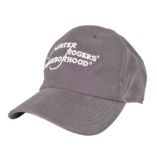 Gray embroidered baseball cap with Mister Rogers' Neighborhood logo