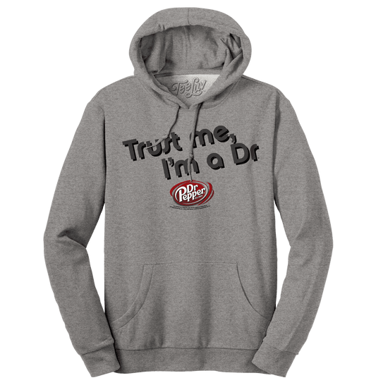 Gray pullover hoodie with 'Trust Me I'm a Dr' print and Dr Pepper logo