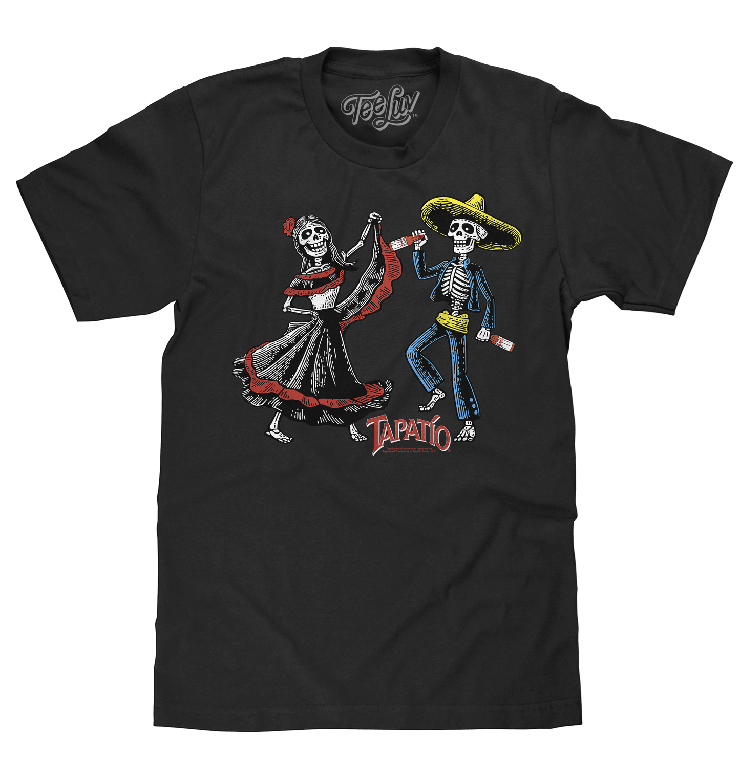 Tapatío Hot Sauce T-Shirt | Day of the Dead Calacas | 100% Cotton | Black