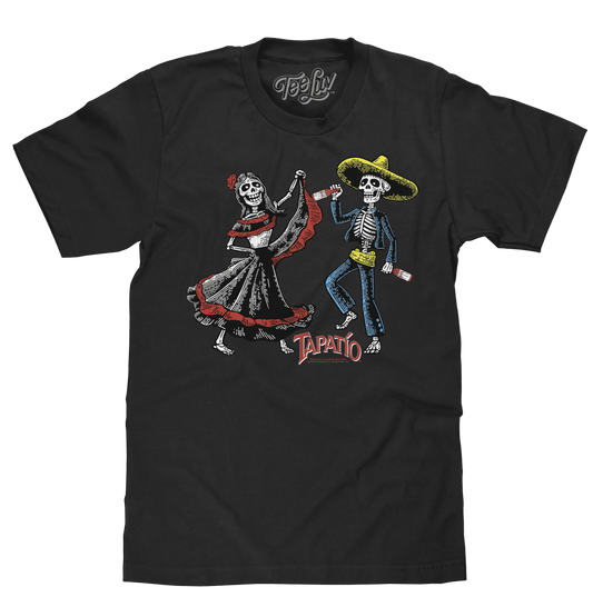 Black cotton T-shirt with Day of the Dead calacas graphic, short sleeves
