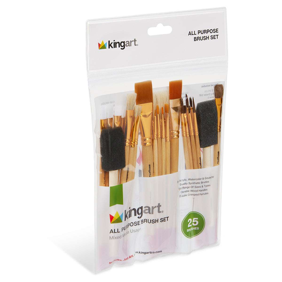 All-purpose art brush set, 25-piece in clear bag packaging with kingart logo