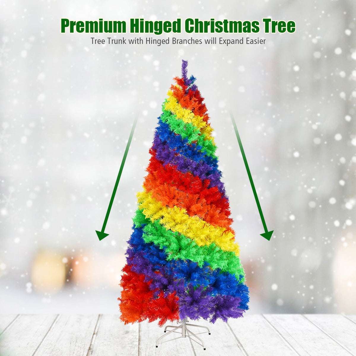 Hinged rainbow artificial Christmas tree with branches shown expanded
