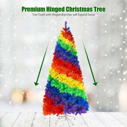 Hinged rainbow artificial Christmas tree with branches shown expanded