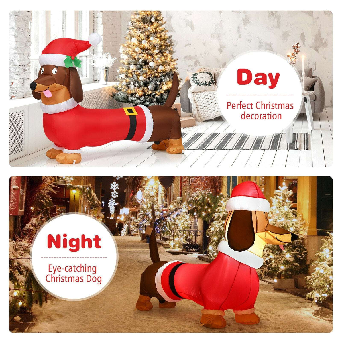 Inflatable Christmas dog shown as a daytime and nighttime holiday decoration