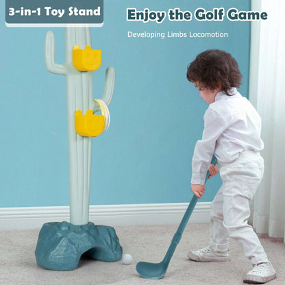 Cactus toy stand with golf club and ball as a child plays