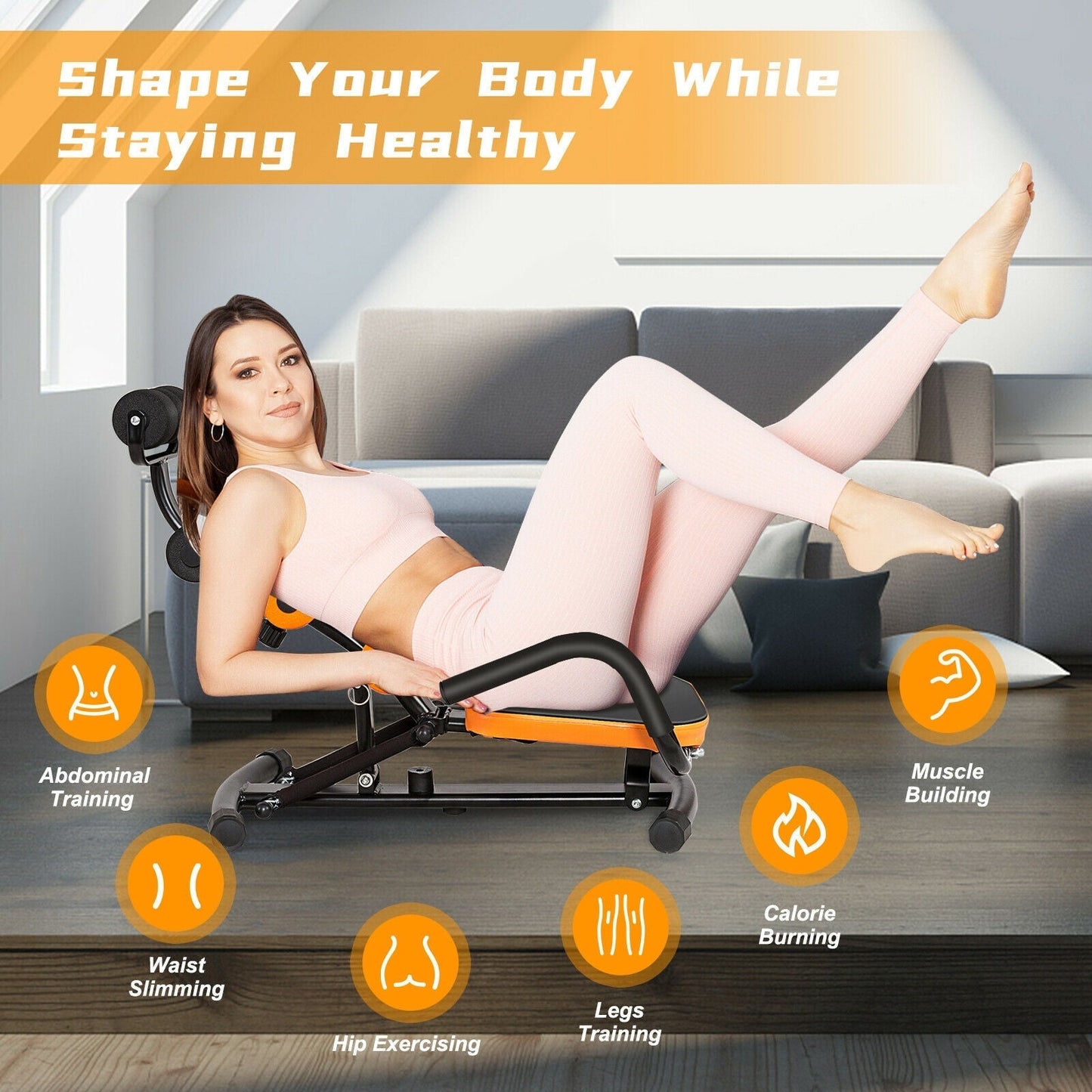 Abdominal Trainer Crunch Bench | 3-Level Adjust | Pivoting Rollers | Spring Resistance | Multi-Use