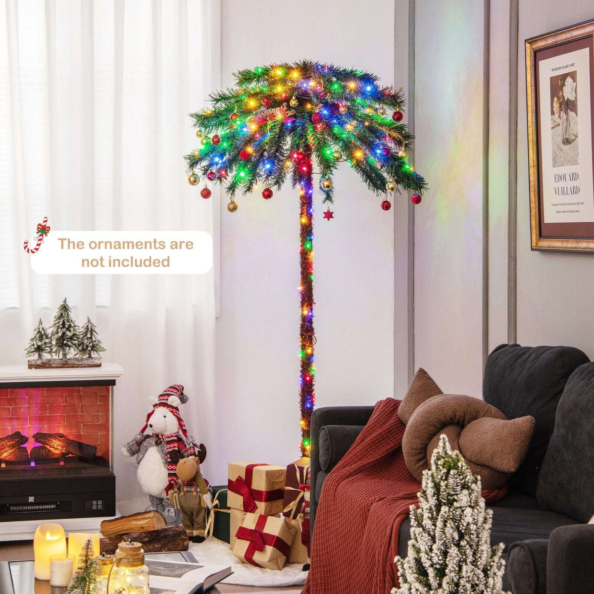 Pre-lit palm Christmas tree with multicolor lights and hanging ornaments