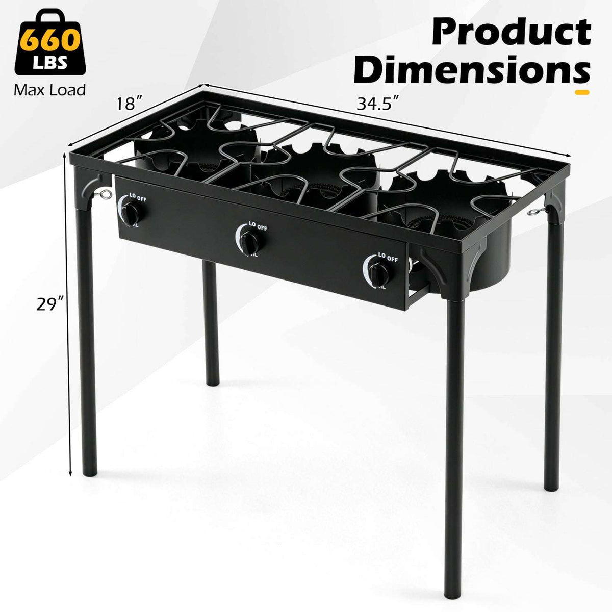 Black three-burner propane stove with four legs; dimensions shown as 34.5 by 18 by 29 inches.