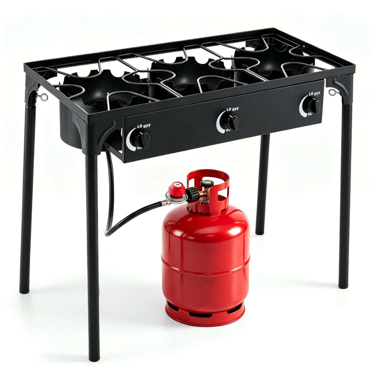 Black three-burner propane stove on legs with control knobs, hose, and red gas cylinder.