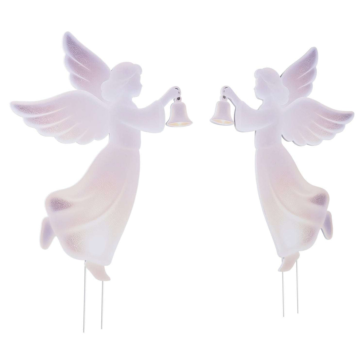 Two white angel lawn decorations with bells, detailed wings, flowing gowns, and ground stakes