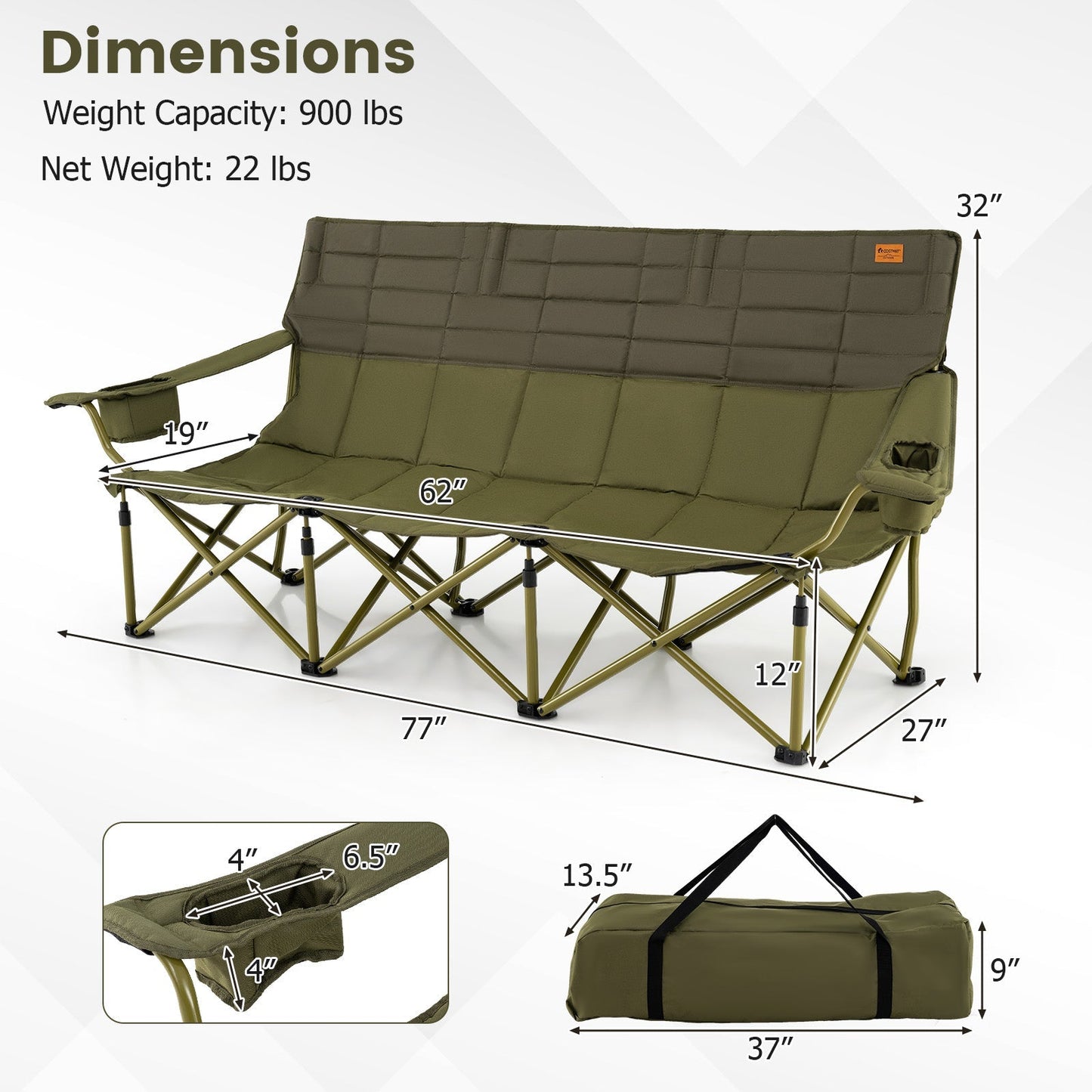 3-Person Folding Camping Chair – 900 lb Capacity, Cotton Padding & Cup Holders